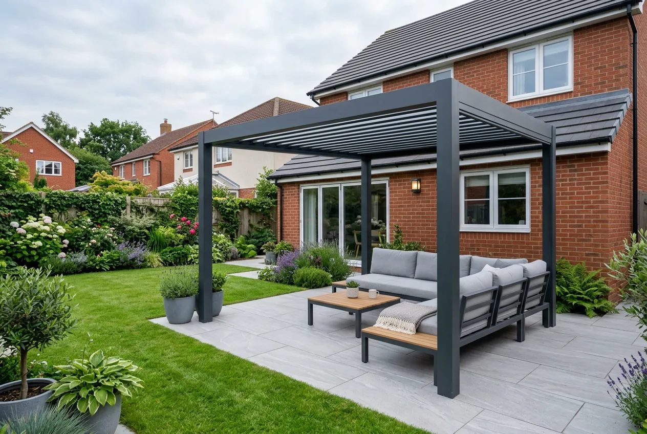 Anthracite aluminium pergola with open louvred roof over a porcelain patio behind a red-brick house