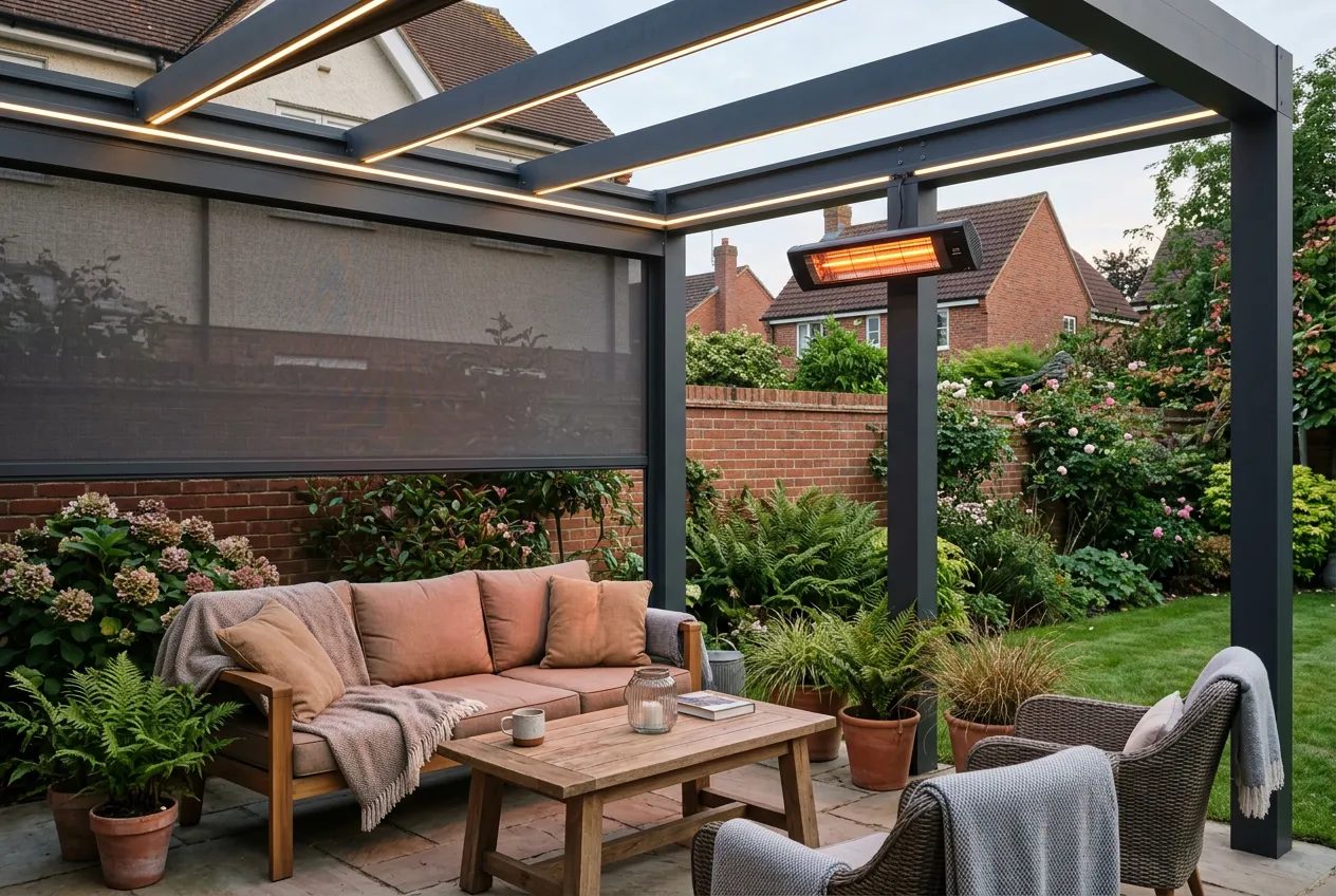 Pergola interior with zip side screen, glowing infra-red heater and LED strip lighting