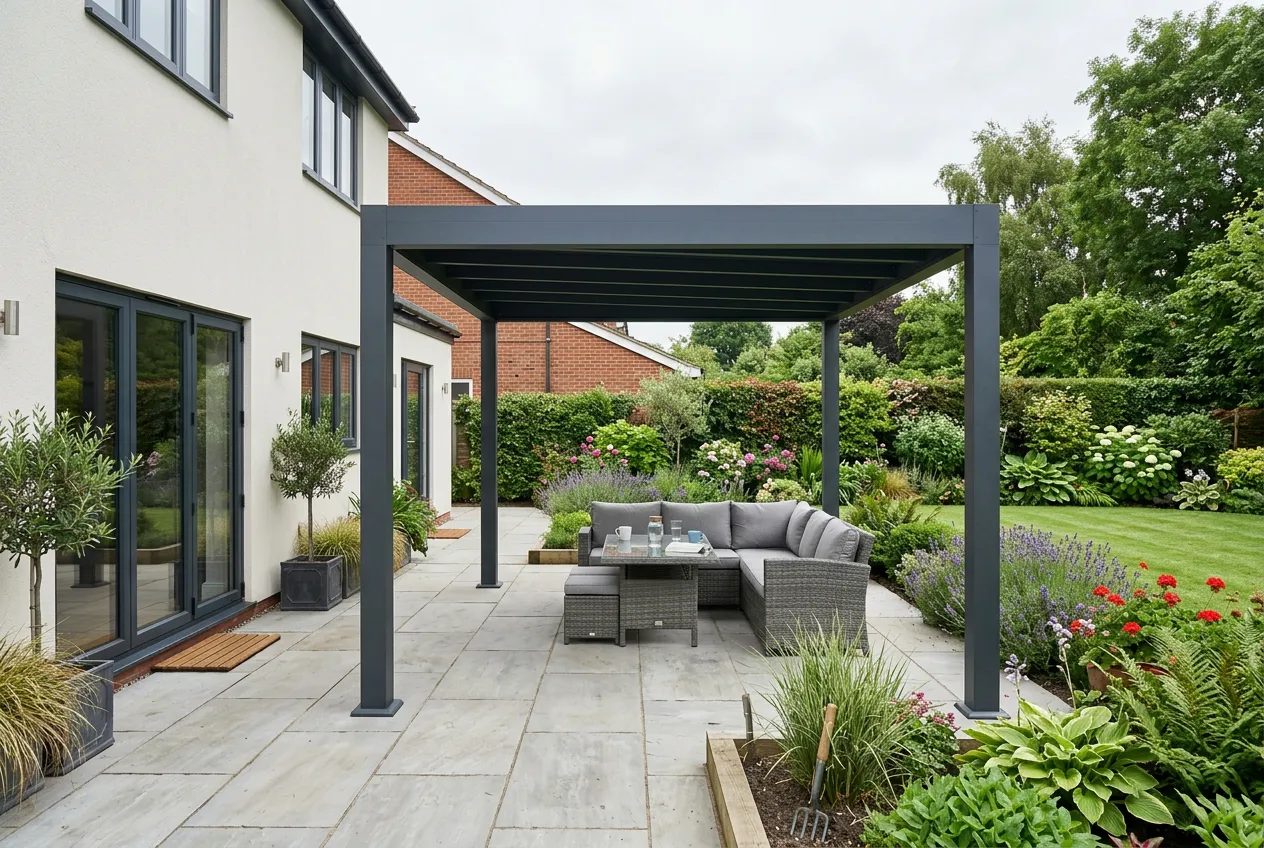 Powder-coated aluminium pergola with fixed roof on a terrace behind a modern rendered extension