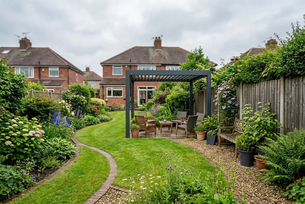 Freestanding four-post pergola at the end of a long back garden sheltering a seating area