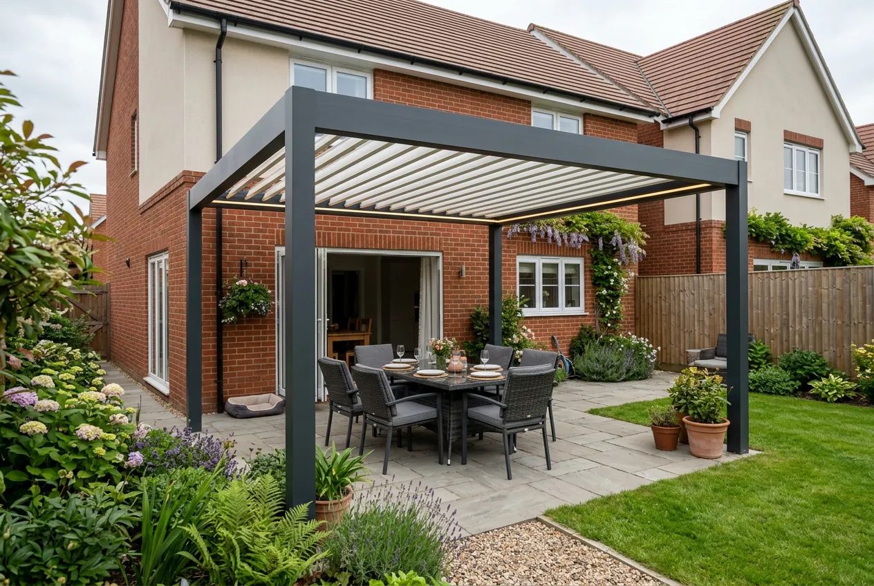 Aluminium pergola with a motorised louvred roof over an outdoor dining set on a new-build patio