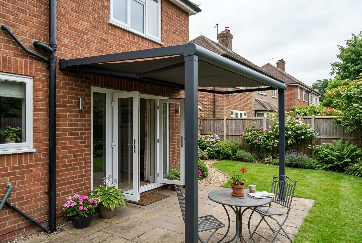 Wall-mounted pergola fixed to a semi-detached house over French doors and a small patio